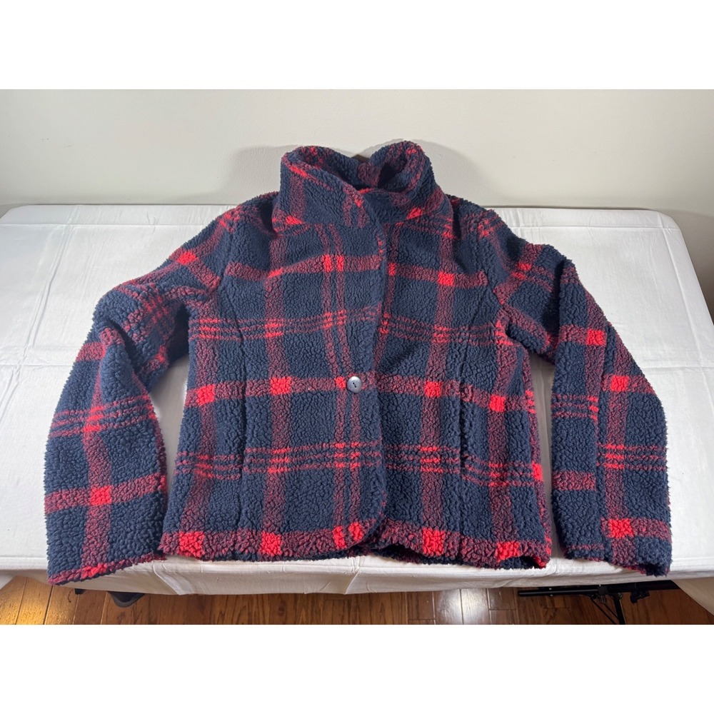 Sanctuary Womens Plaid Sherpa Fleece Jacket Navy Red Funnel Neck Size M